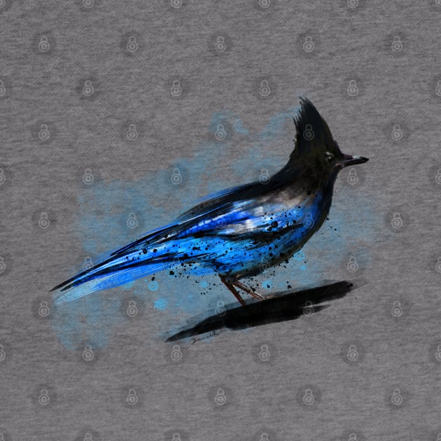 Dramabite Watercolor blue stellar jay bird artistic animal watercolor by dramabite